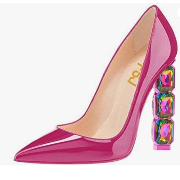 FSJ Shoes - FSJ Pink Heels with Multicolor Gem Heel